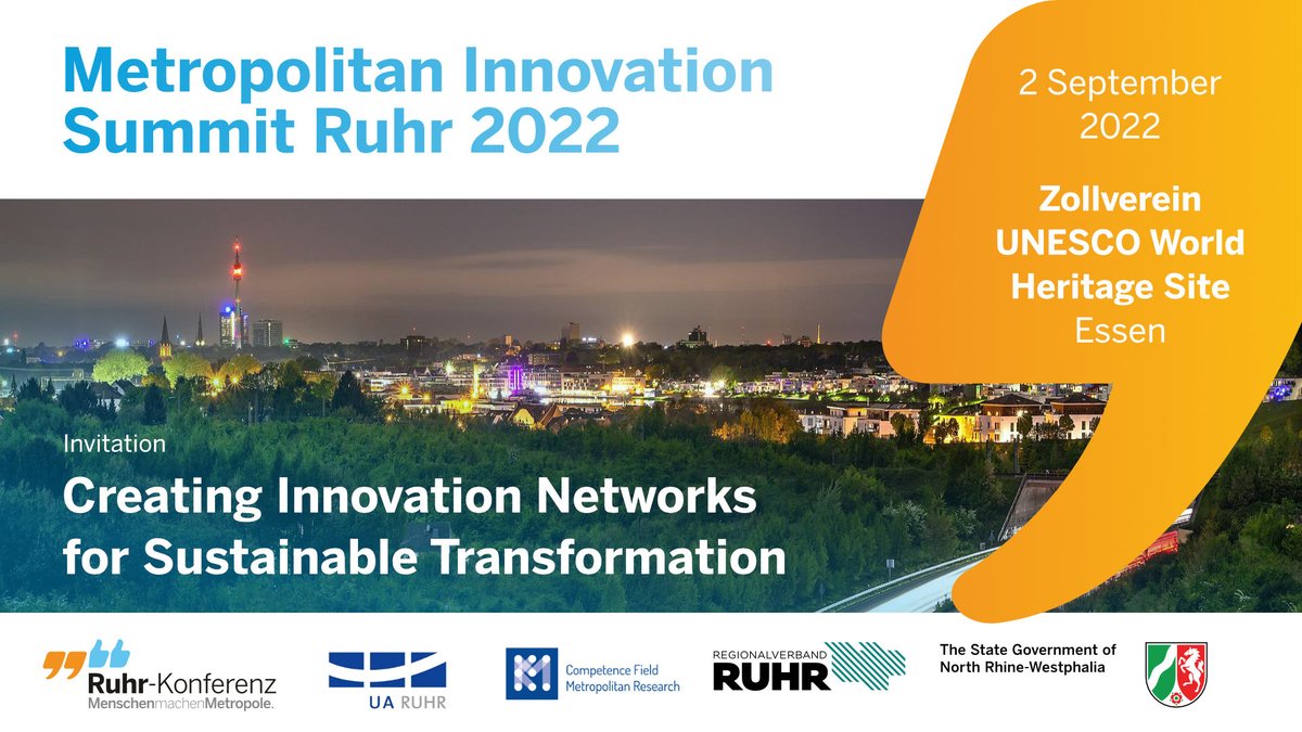 What are the most promising future-oriented and innovation-driven strategies for metropolitan areas striving for sustainable transformation? Meet experts &amp; stakeholders at the Metropolitan Innovation Summit 2022!

When? 2 September
Where? <a href="/ZOLLVEREIN/">Zollverein</a> 

✅ ruhr-konferenz.nrw/metropolitan-i…