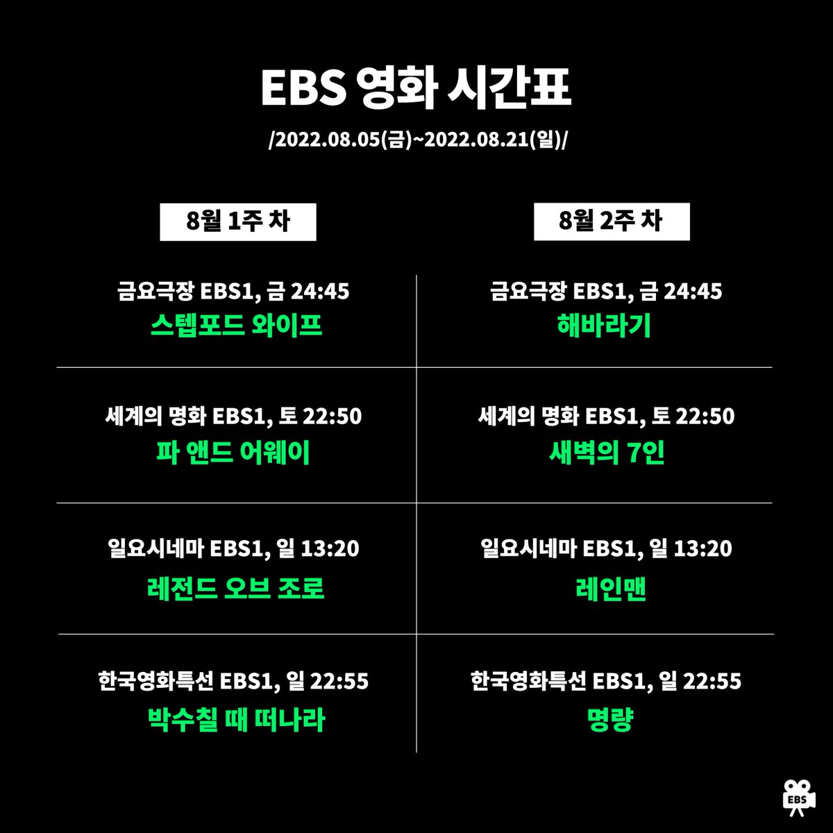 ebsmovie's tweet photo. [#EBS영화_202208]
2022년 8월에도 EBS 영화와 함께🎞

금요극장부터 세계의 명화, 일요시네마, 한국영화특선까지!
이번 달에는 어떤 영화가 우리를 기다리고 있을까요?
지금 바로 시간표를 확인해 보세요😊🗓 https://t.co/Dqpw6pe4Jc