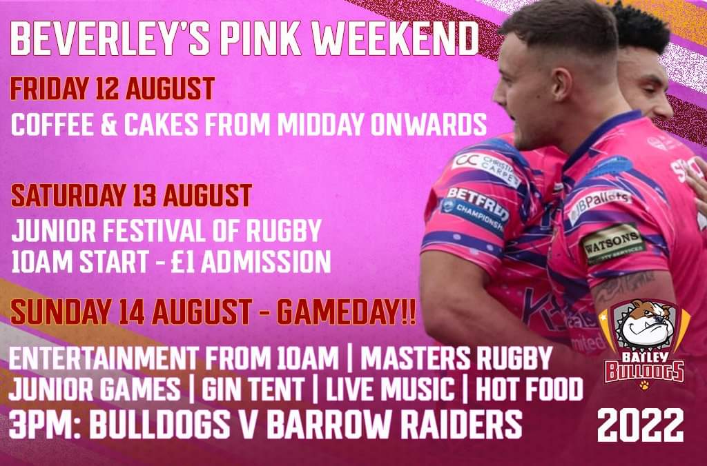 BatleyRLFC's tweet photo. Beverley's Pink Weekend starts today! Coffee and cakes from Midday onwards as we build up to a massive fixture on Sunday.

Join us in The Boardroom from 12 if you can, Tea, Coffee, homemade cakes and a good old natter!! https://t.co/blhEF65oTN