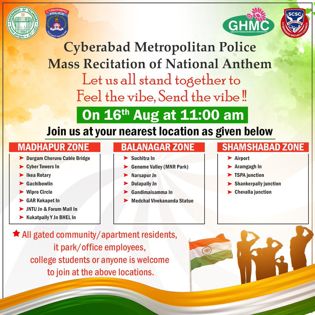 cyberabadpolice's tweet photo. Let's come together to celebrate the spirit of freedom!

Join the Cyberabad Metropolitan Police Mass Recitation of the National Anthem on Aug 16th at 11AM

#StandTogether #NationalAnthem #MassRecitation #CyberabadPolice

@TelanganaCMO @TelanganaCOPs @TelanganaDGP @SCSC_Cyberabad https://t.co/Lcj42p6bfX