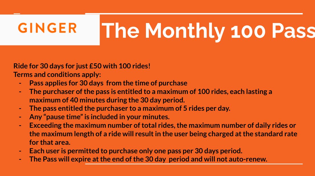 🧡🛴THE MONTHLY 100 PASS!🧡🛴

100 rides up to 40 minutes each for £50! Saves you 89% To purchase head over to the Ginger app promos section (terms and conditions apply)🧡🛴💨