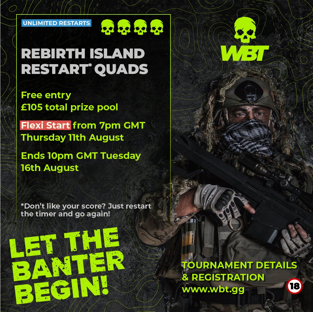 Wbt_gg's tweet photo. Now live at https://t.co/t6nEDPBUCG #tkr #botrace #callofduty #warzone #fortuneskeep #rebirthisland #rebirth #timedkillrace #tournaments #cod #warzonetournaments https://t.co/Cm5QSB54D0