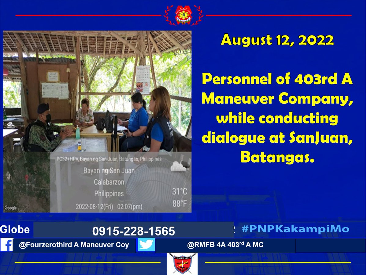 Secondcoy's tweet photo. On August 12, 2022 at about 2:07 PM, PCMS Emmanuel Ramos, 403rd A MC under direct supervision of PCPT ARTURO P PATULOT Acting Company Commander, conducted dialogue/coordination to Hon. Sonia D. Samarita Brgy. Councilor and BHW Epifania Banaira and discussed about COVID 19 https://t.co/pmVBOZGi6S