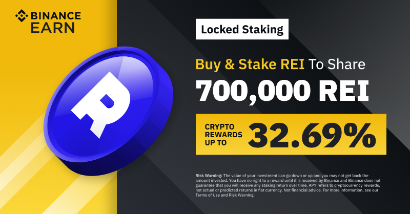 binance's tweet photo. $REI Staking Special: Enjoy up to 32.69% rewards rates and a share of 700,000 $REI!