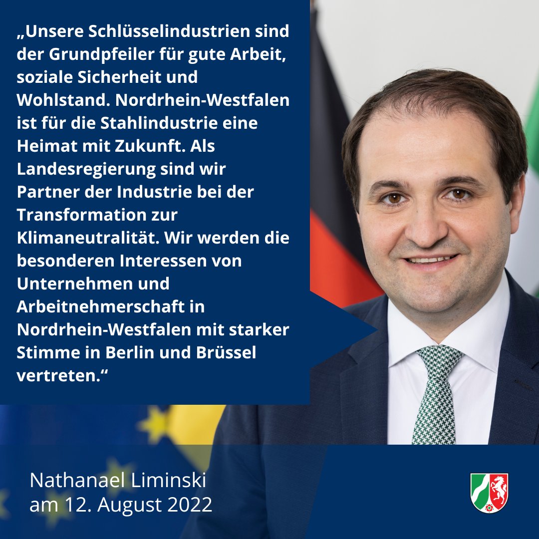 Transformation zur Klimaneutralität in der #Chancenregion: Minister <a href="/n_liminski/">Nathanael Liminski</a> ist heute zu Gast im größten Stahlwerk Europas bei der <a href="/thyssenkrupp/">thyssenkrupp</a> Steel Europe #Duisburg. Das Land #NRW begleitet den Prozess der Schlüsselindustrien hin zur Nachhaltigkeit: land.nrw/pressemitteilu…