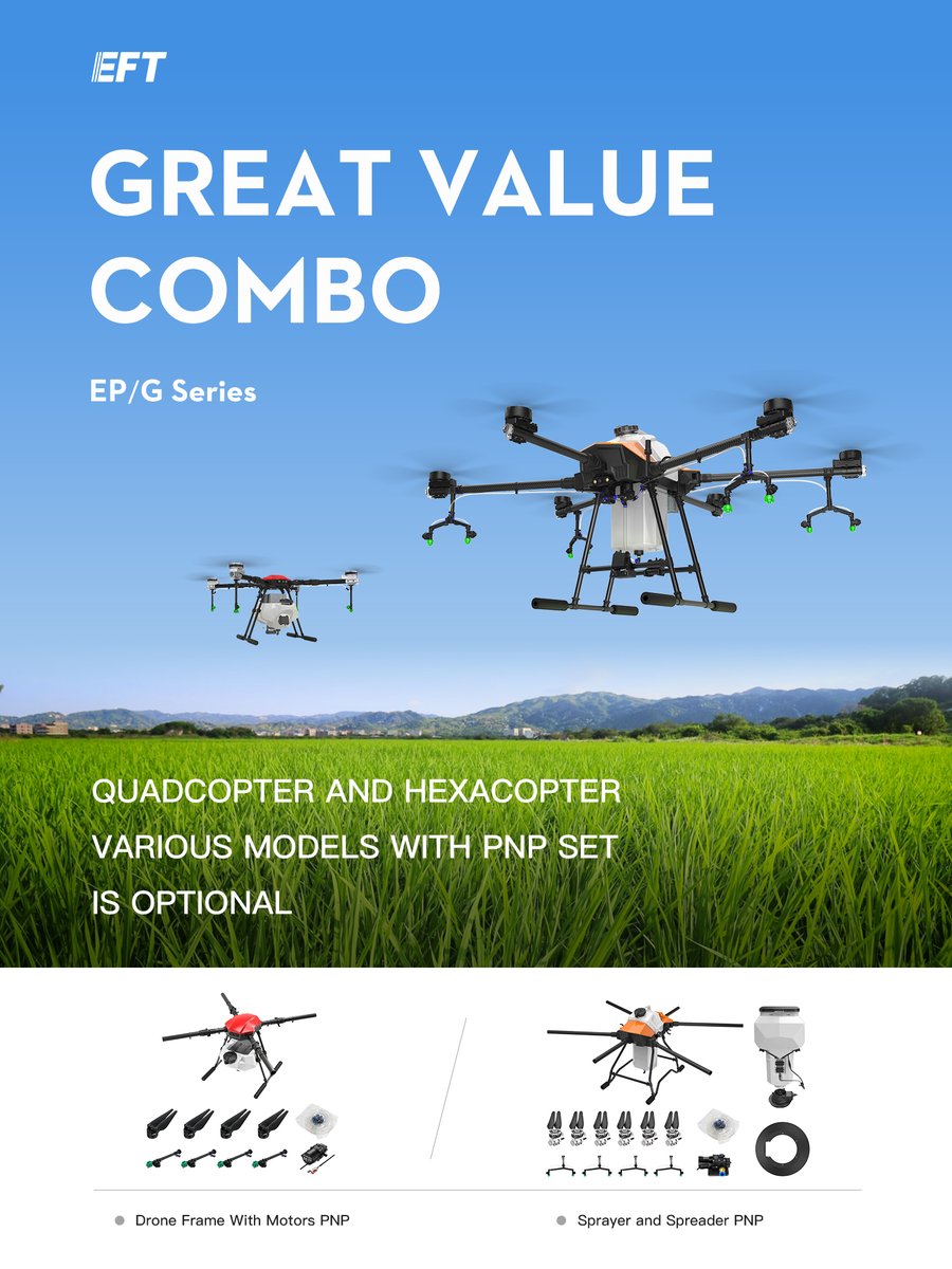 eft_co's tweet image. For the convenience of customers, EFT officially launched the spray power PNP set and spray and spread power PNP set.

Welcome to learn more~
aheft.en.alibaba.com

#agridrone #uav #droneframe #EFTDRONE #discount #package