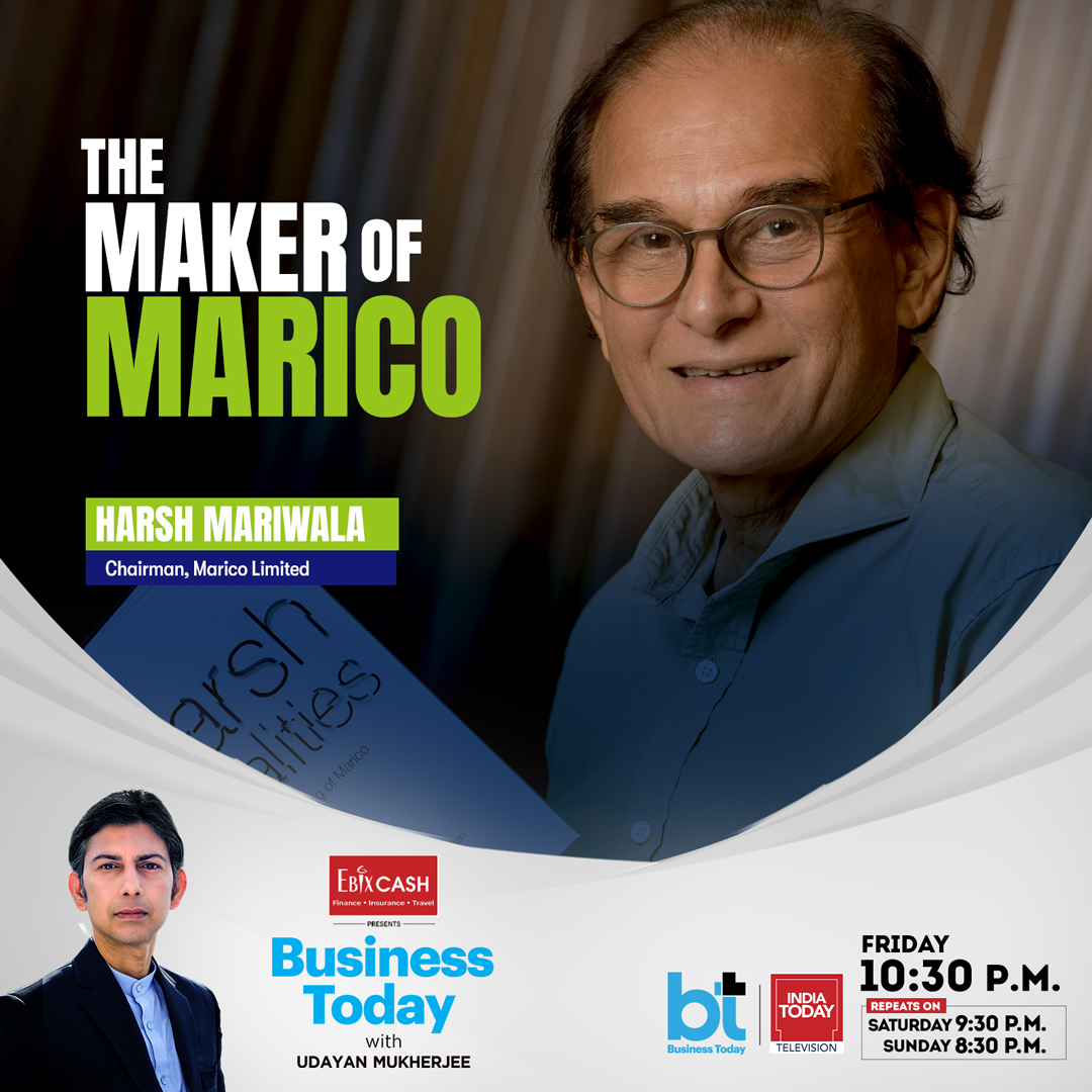 business_today's tweet image. Catch #UdayanMukherjee in conversation with &quot;The Maker Of Marico&quot;, #HarishMariwala, Chairman, Marico Ltd exclusively on @IndiaToday  and #BusinessToday tonight at 10:30 pm only. | #BusinessTodayTV #Marico