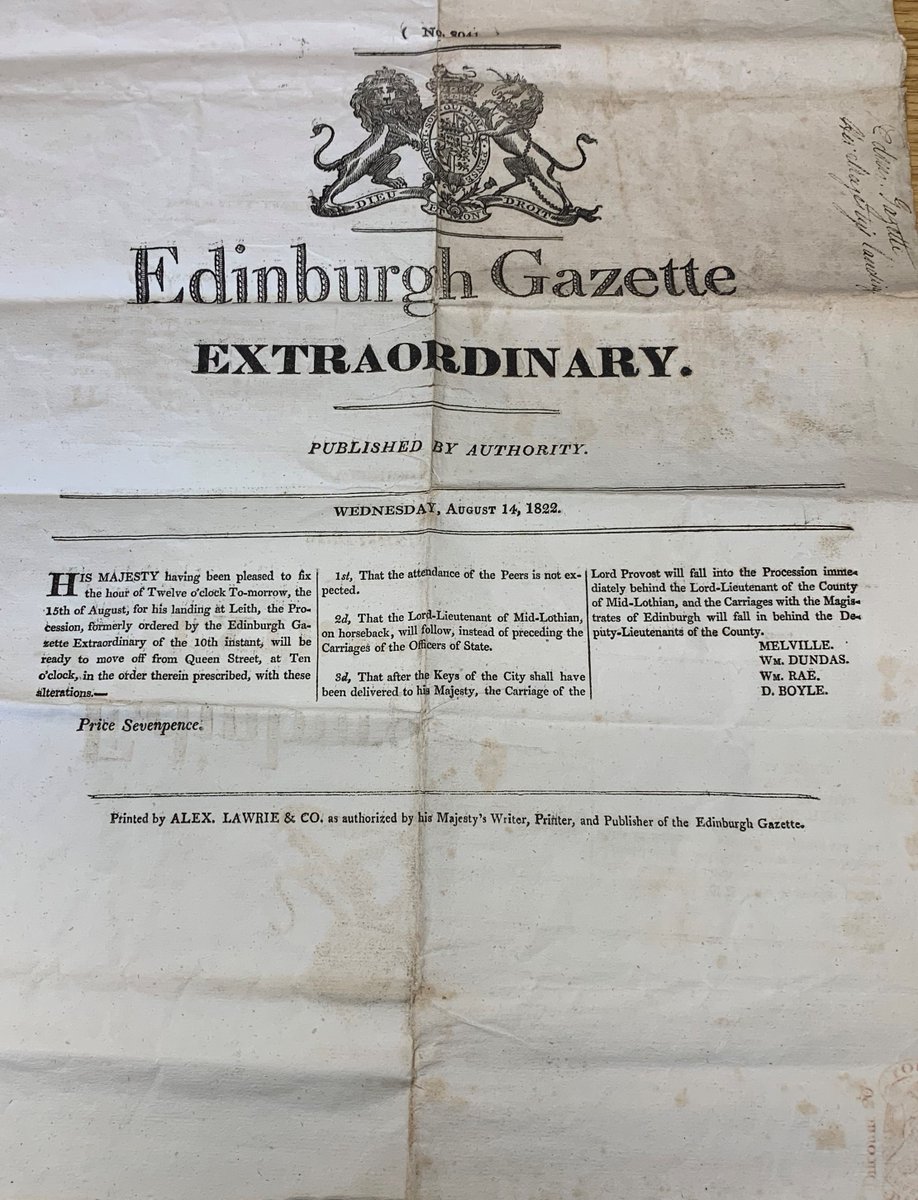 #onthisday in 1822 celebrations began in Edinburgh to welcome George IV, the first monarch to visit Scotland since Charles II’s coronation in 1651. King George was to have arrived on 14 August but torrential rain postponed it a day. (image from MS.23634)