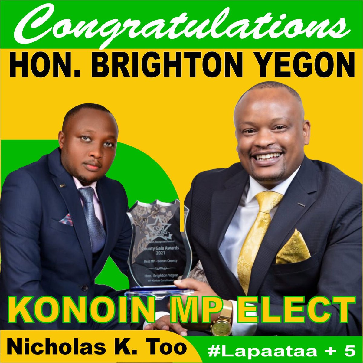 TOONICKO's tweet image. Congratulations @LennyBrighton1 on your winning, Historical moment 
The #First_MP to be #Reelected in Konoin. You exceptionally well deserve this congratulation for your #Diligent_Work, #Development_Track_Record and #Commitment. 
#LapaaTaa+5
@WilliamsRuto The 5th