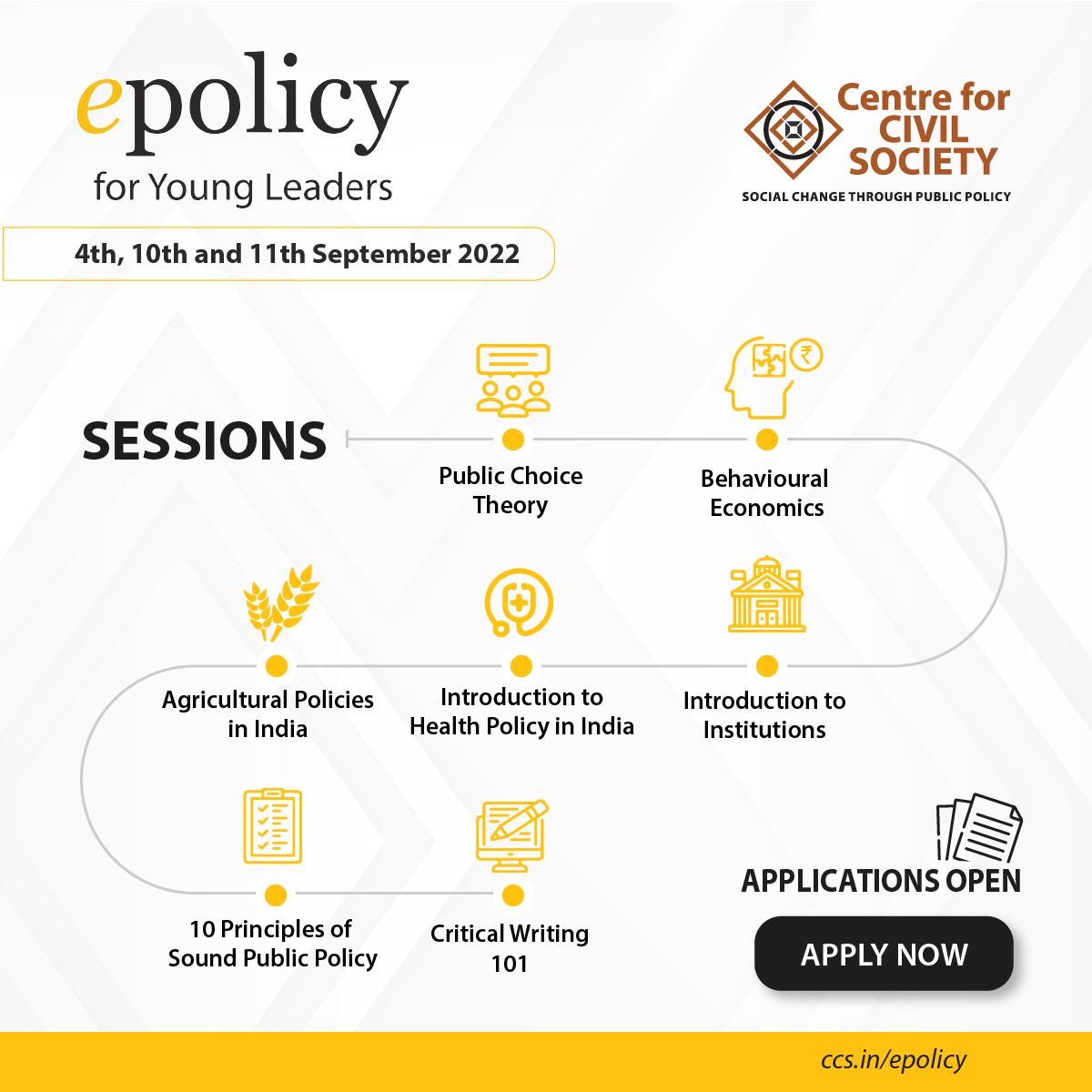 ccsindia's tweet photo. #OnlineCourse | The sessions are in place and we are ready for the #September cohort!
Sign up now for our 3-day introductory #course in public policy here: https://t.co/3dn9UfhcjQ
#CCSIndia #epolicy #onlinecertification #certificatecours #backtobasics https://t.co/yepiNa6QLx