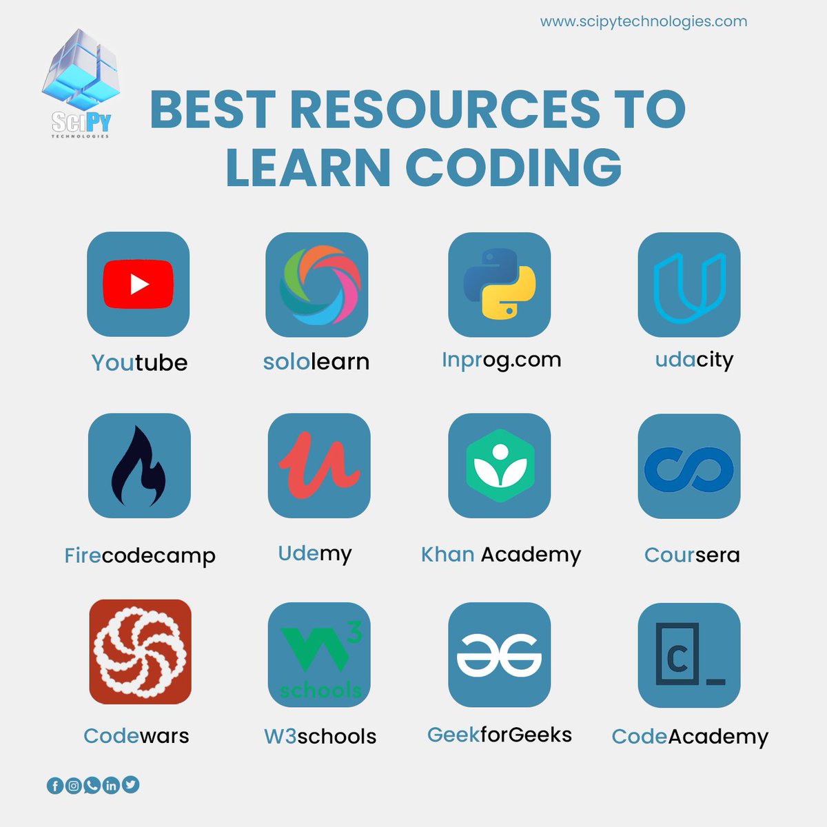 ScipyTechnolog1's tweet photo. 𝗕𝗲𝘀𝘁 𝗥𝗲𝘀𝗼𝘂𝗿𝗰𝗲𝘀 𝗧𝗼 𝗟𝗲𝗮𝗿𝗻 𝗖𝗼𝗱𝗶𝗻𝗴..
#Youtube #sololearn #inprog #Udacity #firecodecamp #udemy #khanacademy #coursera #codewars #codeacademy
#scipytechnologies #pythonprogramming #python #programming #coding https://t.co/4DUJyBDIeT