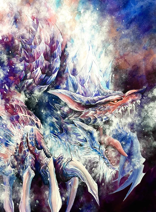 『 氷狼、月を振り返らず 』#納涼モンハン狩り日記 ルナガロンを水彩絵具で描きました暑い夏にひんやり冷気をお届け(* ¨̮ *)#モンハンライズ #モンハン    #MHRise #イラスト #シュミンケ #透明水彩 #水彩画 #ルナガロン 