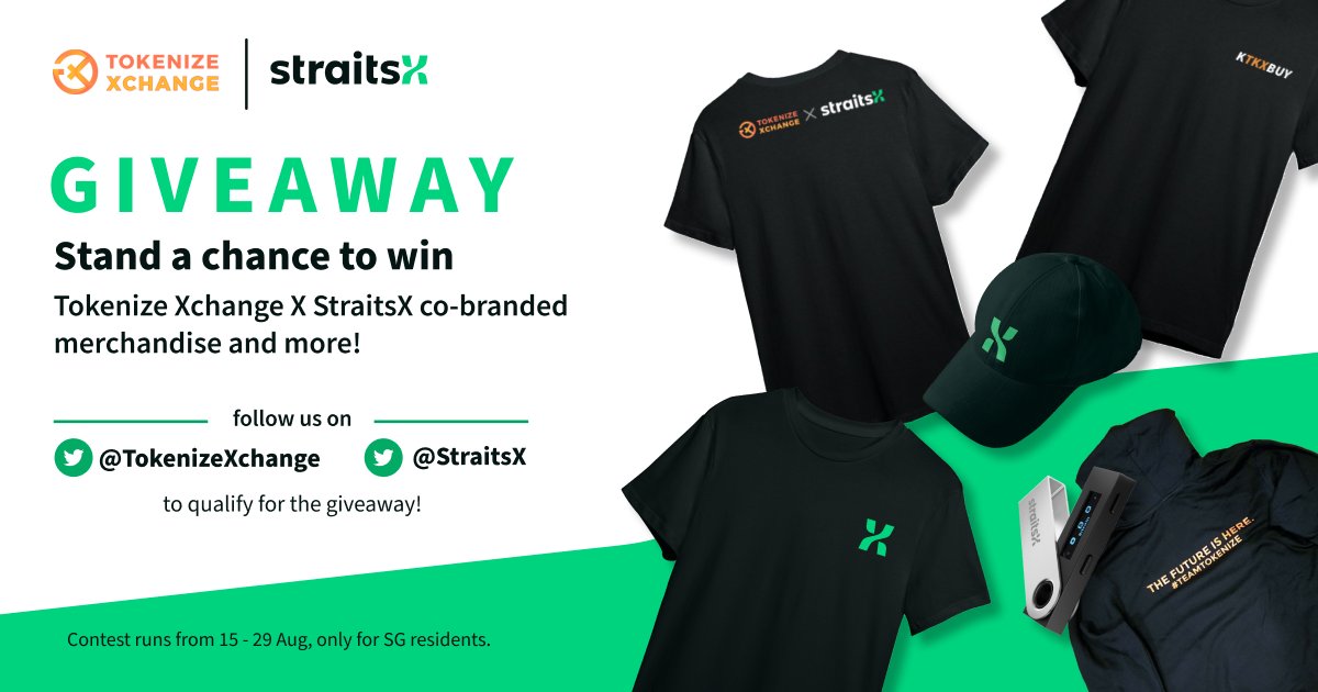 TokenizeXchange's tweet photo. 🎁15 - 29 Aug Exclusive Merch Drop for 10 lucky SG residents!🇸🇬
1. Follow @StraitsX &amp; @TokenizeXchange on Twitter
2. Retweet this post
3. Hashtag #TokenizeXchangexStraitsX and share your thoughts on crypto in Singapore
🏆Winners will be notified via the @StraitsX Twitter account. https://t.co/xduhP0nxcZ