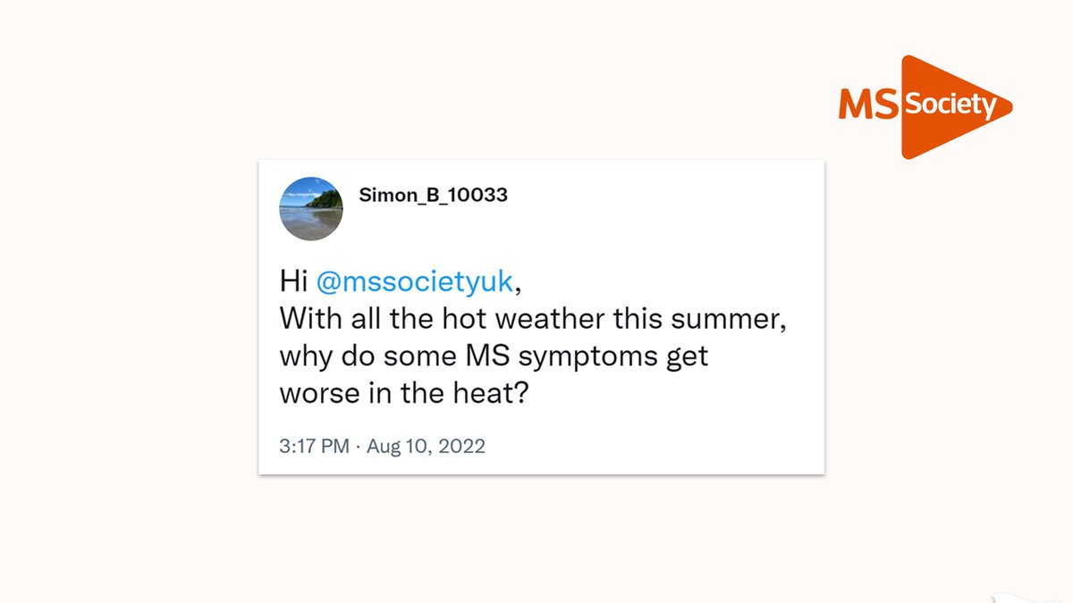 Over 60% of people with MS say they experience heat sensitivity. But why is that? 

Our temperature factsheet explains the effects temperature can have on MS: mssoc.uk/3yJepc4