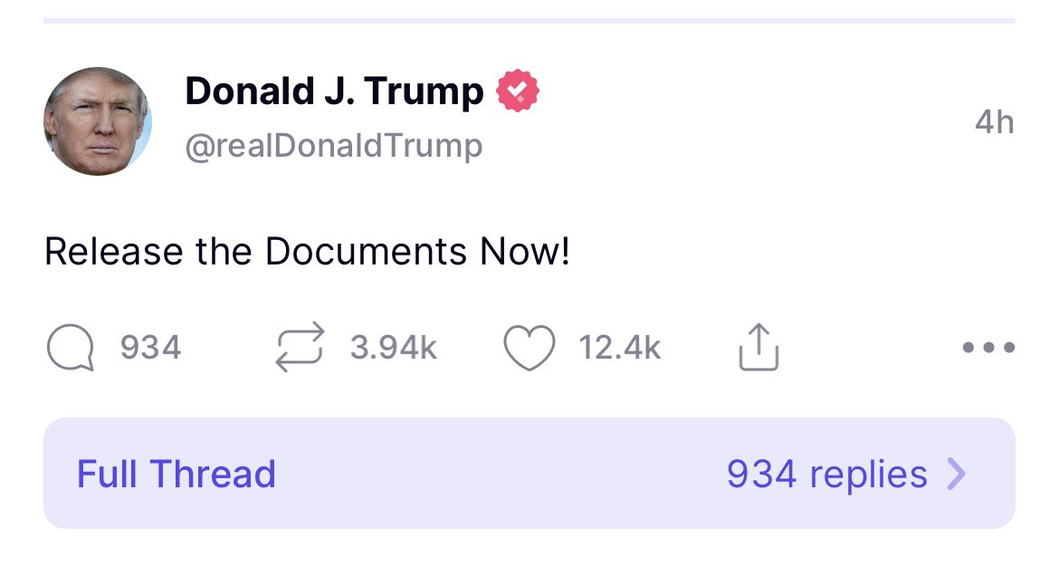 Trump says he won’t oppose the release of the FBI search warrant for Mar-a-Lago: “Release the documents now!” he wrote on Truth Social Trump & his team also have the documents & could’ve released them at any time — but he’s putting onus on DOJ to do it axios.com/2022/08/12/tru…