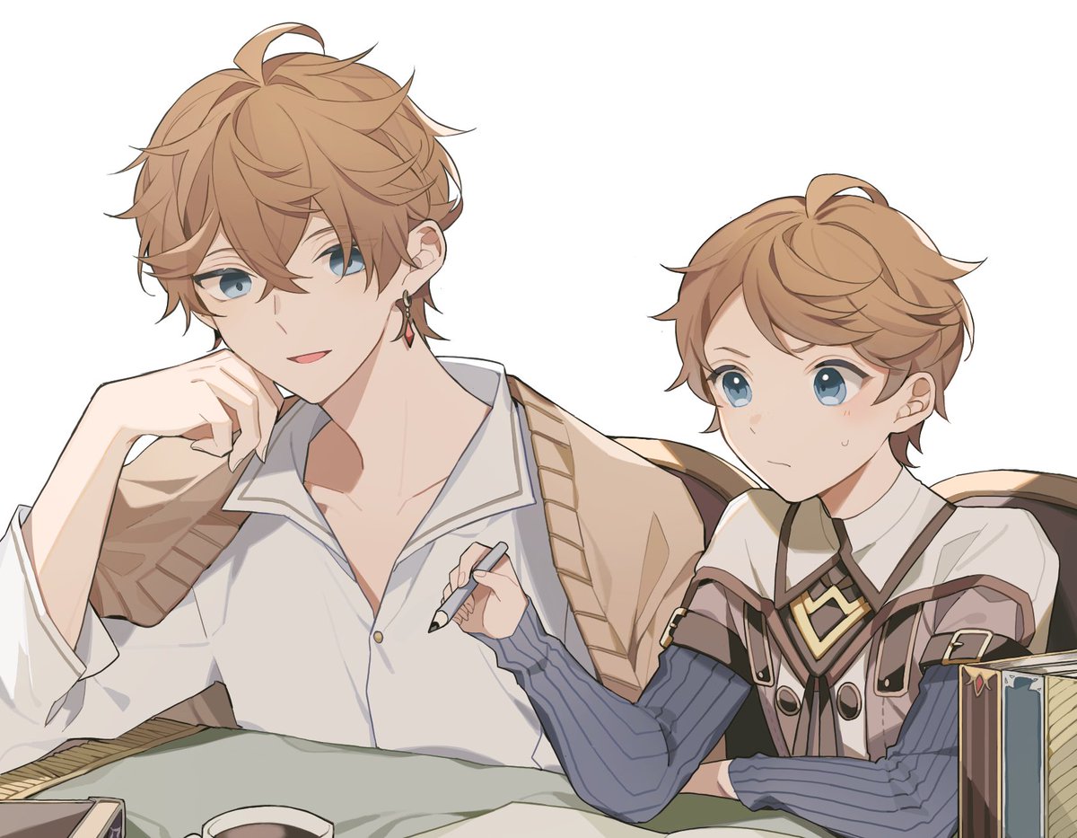 tartaglia (genshin impact) multiple boys 2boys blue eyes male focus holding bangs jewelry  illustration images