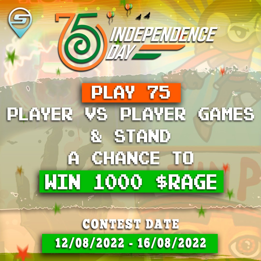 Celebrating 75th Independence Day 🇮🇳

Play 7️⃣5️⃣ Player Vs Player games on scramble &amp; stand a chance to win 1000 $RAGE each 🎮

📍 Scramble App (Available on Play Store &amp; IOS)
🗓️ Aug 12, 2022 - Aug 16,2022
⚡ FCFS (5 Players)

#PlayToEarn #GamingCommunity #P2EGame #IndependenceDay