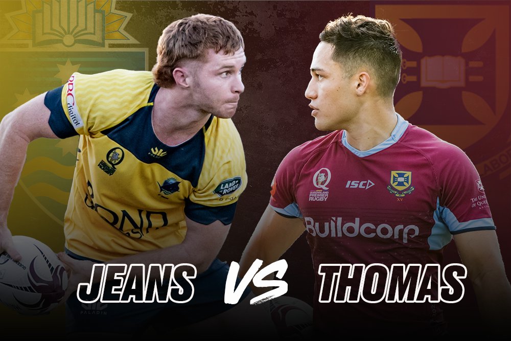 qldpremierrugby's tweet photo. @Reds_Rugby teammates turned foes - Spencer Jeans and Kalani Thomas prepare to go head-to-head in halves battle as @BondUniversity host @UQrugby this Saturday. READ MORE https://t.co/vCW8wmjiwu https://t.co/WVcZAxshSH