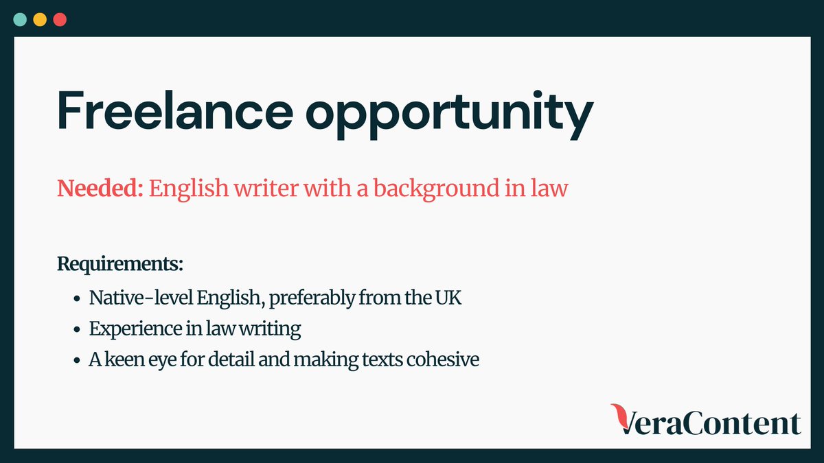 We’re seeking a freelance native-level English writer with a background in law to work with us on a one-time, short-term project.

See more info: linkedin.com/jobs/view/3216…
Apply through our website: veracontent.com/job-applicatio…

#freelancewriter #writerops