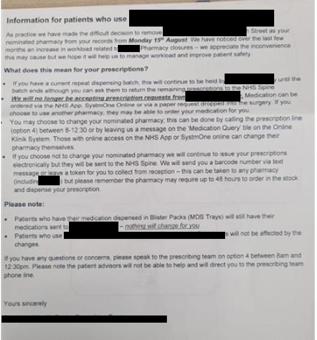 An example of a GP Practice refusing to use a particular pharmacy because of it's regular closures causing "increased workload and reduced PATIENT SAFETY" #PharmacyClosures #PatientsBeforeProfits #WhatAboutThePatients  the-pda.org/open-letter-ph…