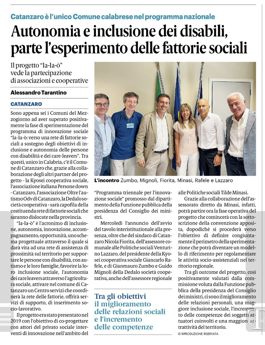 Su Gazzetta del Sud di oggi un articolo di <a href="/Ale__Tarantino/">Alessandro Tarantino</a> sul progetto "IA-IA-Ò" finanziato dal <a href="/FunzPub/">Dipartimento della funzione pubblica</a> e in cui siamo partner con il Comune di Catanzaro, l'AIPD Catanzaro, l'Oltre l'Autismo Catanzaro&amp;Lamezia e la Dedalo società cooperativa.
#benecomune #fattoriesociali