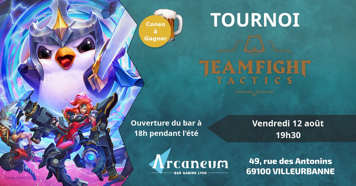 ArcaneumLyon's tweet photo. 🔷 TOURNOI TEAMFIGHT TACTICS 🔷

Ce soir, tournoi gratuit avec 10€ de conso à gagner 🍺

🔽 Retrouvez l'événement ici 🔽
https://t.co/BhzBskwjRR https://t.co/9ssZxI9kIn