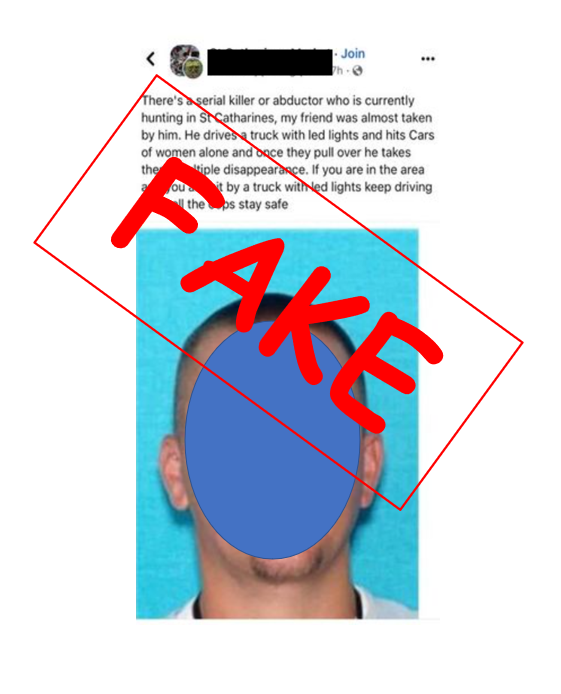 NiagRegPolice's tweet photo. Have you seen this post floating around #Niagara? It is fake.  We tracked the pic to a Tennessee police service.  He is in jail (since July 8). We were the 2nd police service to call them. Not everything on social media is real. #disinformation #OfficialSources #StCatharines https://t.co/K231E3Q7AH