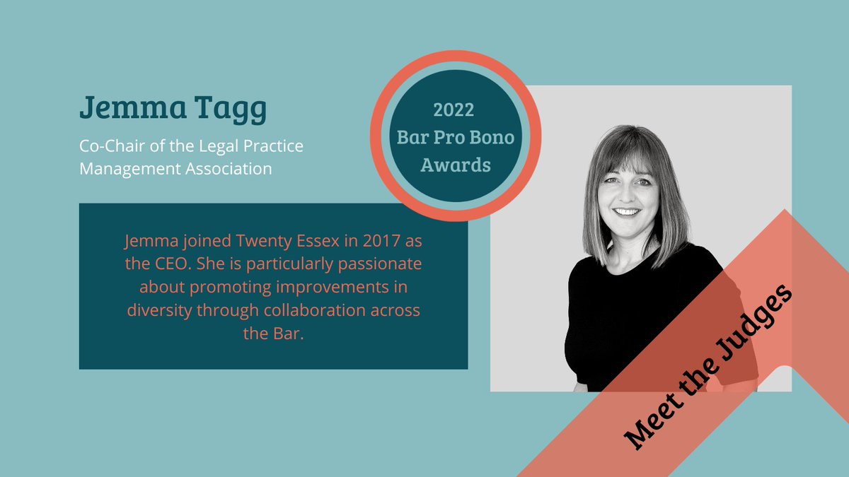 📣Meet the 2022 #BarProBonoAwards Judges📣

We also welcome Jemma Tagg, Co-Chair of the Legal Practice Management Association (@LPMA_UK), to the panel this year. Jemma is the CEO of <a href="/TwentyEssex/">Twenty Essex</a> &amp; is on @ThomsonReuters Advisory Board for Transforming #WomenLeadership in Law.