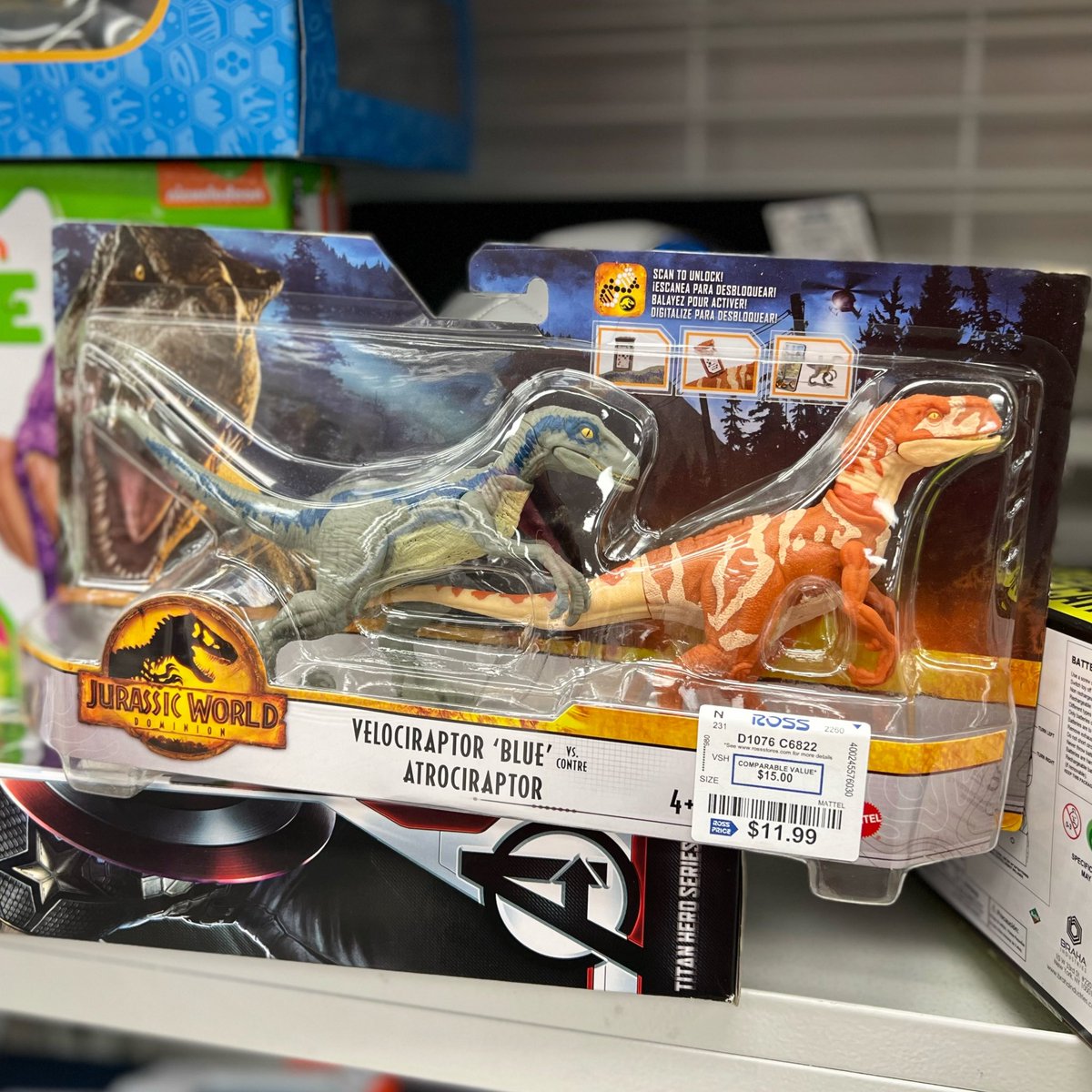 ROSSIRAPTOR! Look what’s showing up at @rossdressforless — that “cancelled” Jurassic World Dominion 2-Pack with Velociraptor Blue and Atrociraptor Red. Originally available to order online, this set seems to have been moved to liquidation at discount stores instead.

1/2