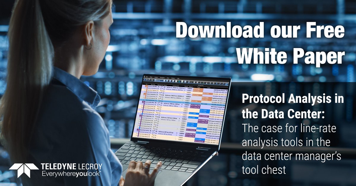 TeledyneLecroy's tweet image. #DataCenterManagers! Learn how to achieve definitive, complete, and agnostic view of the network links needing investigation with our FREE White Paper: lcry.us/3PiV5ae #protocol #analysis #datacenter #network #san #ethernet #FibreChannel #NVMEoF #teledynelecroy
