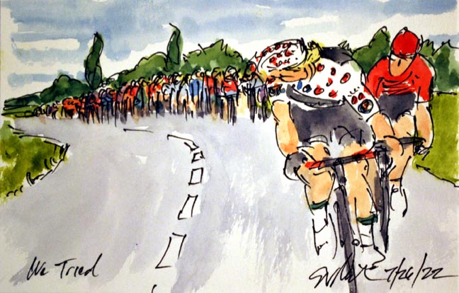 "We Tried" <a href="/MarkusFemke/">Femke Markus</a> <a href="/PHVCT/">Parkhotel V-burg CT</a> in her <a href="/maillotapois/">Maillot à Pois E.Leclerc</a> &amp; <a href="/paulineallin17/">Allin Pauline</a> @ArkeaProCyclin1 looking back to find the #peloton closing is still available at greigleach.com/large-multi-vi… #cycling #art #cyclisme #ciclismo #wilerennen #watercolor #watercolorpainting