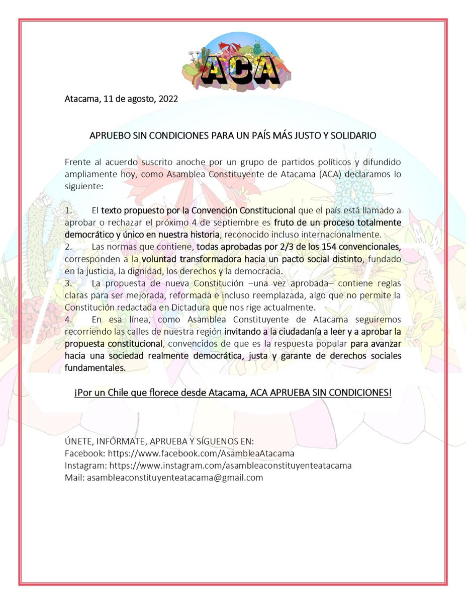 Ante el acuerdo firmado por los partidos de gobiernos.

ACA aprobamos sin condiciones y por un Chile que florece desde Atacama.

#apruebodesalida