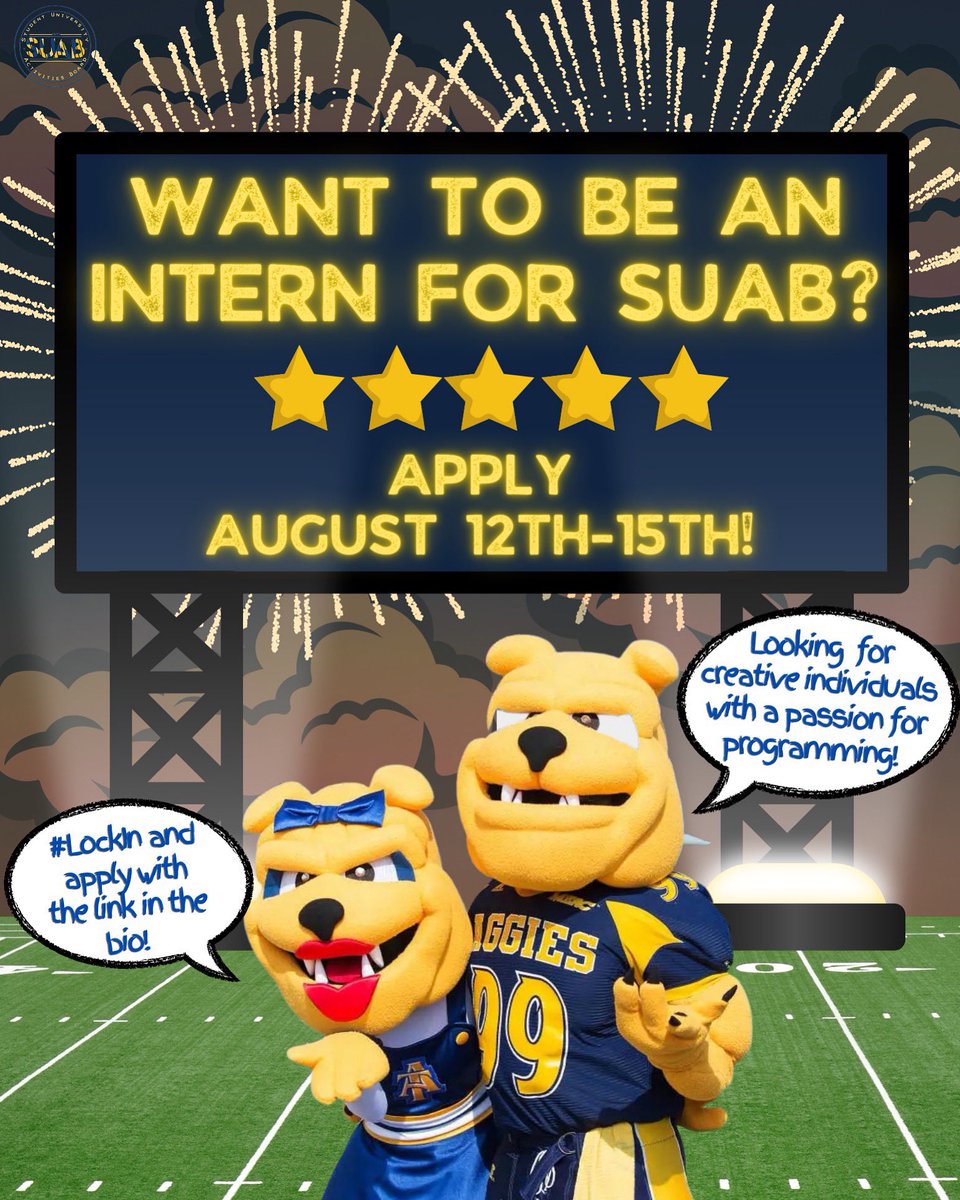 ncatsuab's tweet photo. #NCAT, Wanna be apart of the premiere programming org at A&T? 🤩 Well, that time is HERE! SUAB Intern Applications ARE NOW OPEN and close on Monday, August 15th at 5PM! #LockIn or you’ll miss out! 💫
#NCAT26 #NCAT25 #NCAT24 #NCAT23 #SUAB https://t.co/kaf6ozFtsY