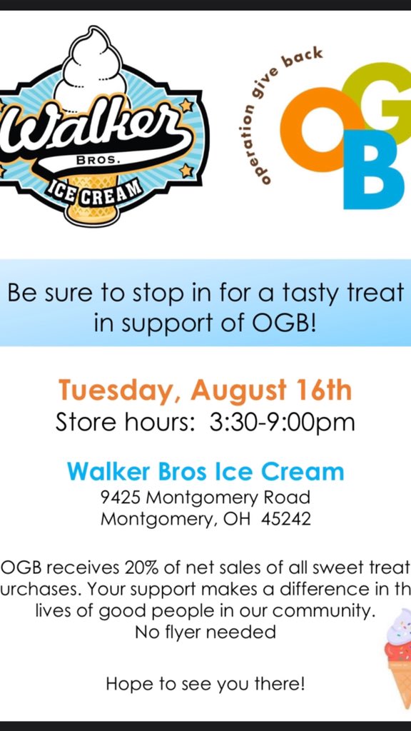 Mark your calendars to get to Walker Brothers Ice Cream on Tuesday, August 16th! 20% of sales will be donated to Operation Give Back! Please help to support this OGB fundraising event and get a delicious treat while doing so! #nonprofit #community #givingback #icecream