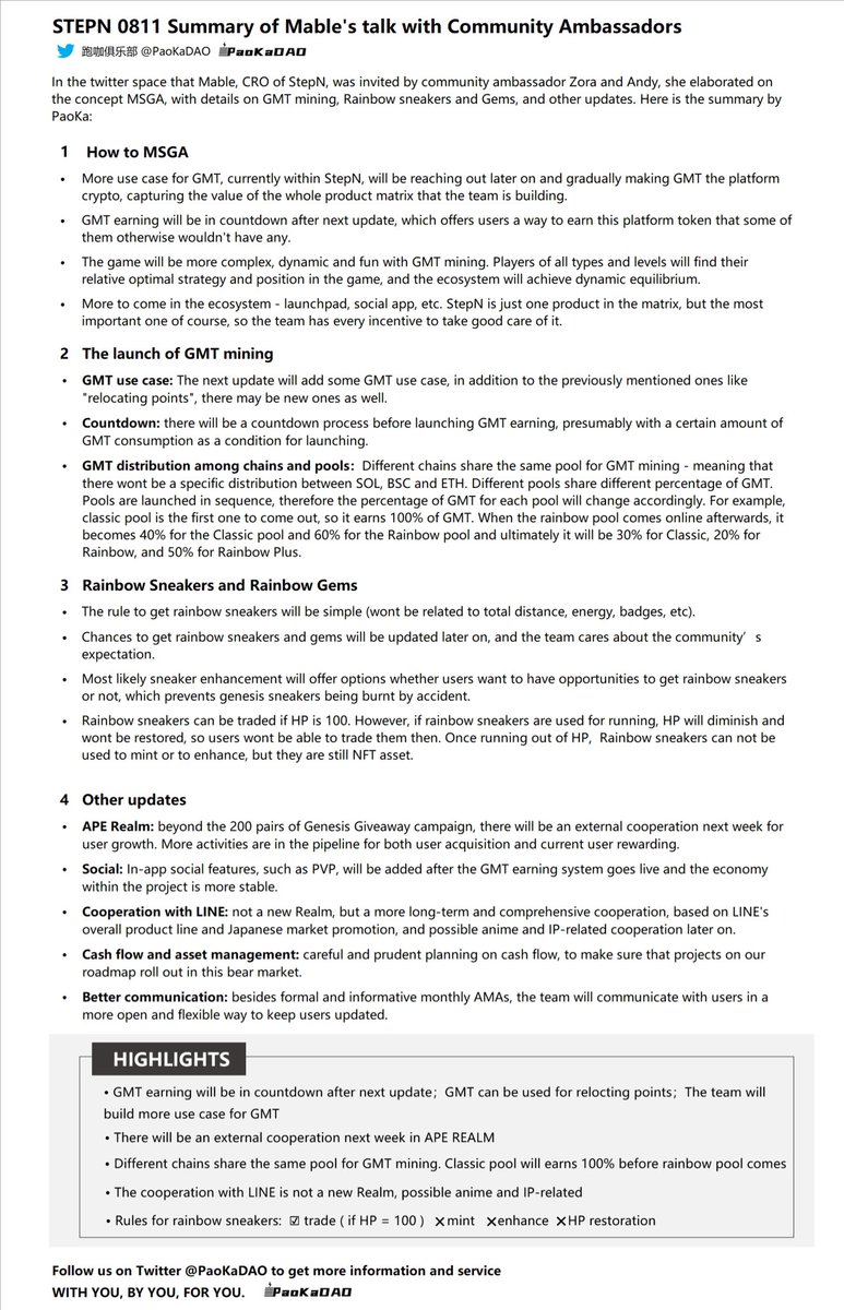 PaoKa1024's tweet image. 昨晚华语茶话会邀请到 Mable 复盘 #MSGA 的思路和措施，提供了 GMT 开挖机制与彩虹鞋的相关信息，跑咖带来精华内容梳理。Here is the summary of #STEPN Twitter Space with @Mable_Jiang on 08/11/22 by #PaoKa. Mable elaborated on the concept MSGA, with details on GMT mining and other updates