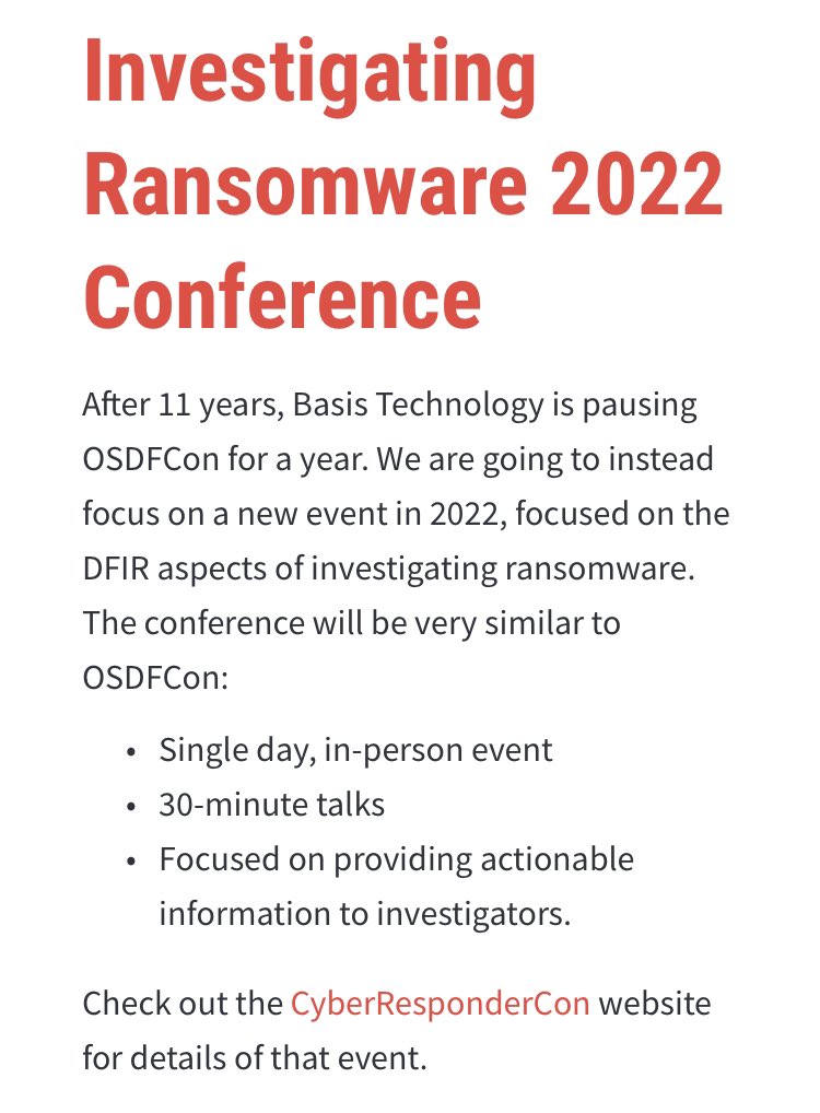 macuisdein's tweet image. RIP #OSDFCon 
Just saw my email from @basistechnology saying that it will not happens this year. I’m sorry to see it go. If you are looking at restarting it, I recommend hosting again at the Westfields Marriott— it seemed like attendance was higher in those years.