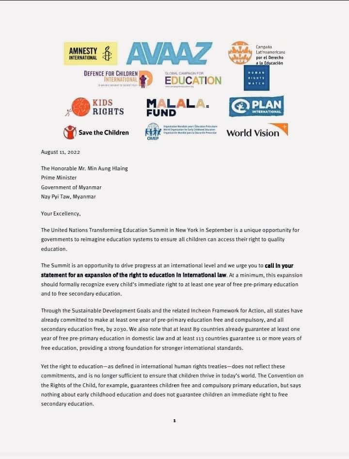 shafiur's tweet photo. Stunningly ignorant letter to #Myanmar dictator Min Aung Hlaing from various orgs asking him to “reimagine education”. MAL has spent a life time denying right to life to children let alone their education. Addressing him "Your Excellency" is revolting.  #WhatsHappeningInMyanmar https://t.co/Kzq1ydyM4R