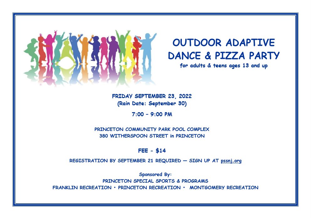 Princeton Special Sports & Programs (@princetonpss) on Twitter photo FIRST ADAPTIVE DANCE OF 2022-23 SEASON IS ON SEPTEMBER 23! SIGN UP AT pssnj.org BY 9/21. <a href="/PrincetonRec/">Princeton Recreation Dept.</a> <a href="/MontyRec/">MontgomeryRecreation</a> <a href="/PrincetonNJ_Gov/">The Municipality of Princeton</a> <a href="/EdenAutism/">Eden Autism</a> <a href="/Alternatives79/">Alternatives, Inc.</a> <a href="/princetonK12/">PrincetonK12</a> <a href="/TownTopics/">Town Topics</a> <a href="/PlanetPrinceton/">Planet Princeton planetprinceton.bsky.social</a> <a href="/PrincetonPatch/">Princeton Patch</a> <a href="/PrincetonPolice/">Princeton, NJ Police</a> FIRST ADAPTIVE DANCE OF 2022-23 SEASON IS ON SEPTEMBER 23! SIGN UP AT pssnj.org BY 9/21. <a href="/PrincetonRec/">Princeton Recreation Dept.</a> <a href="/MontyRec/">MontgomeryRecreation</a> <a href="/PrincetonNJ_Gov/">The Municipality of Princeton</a> <a href="/EdenAutism/">Eden Autism</a> <a href="/Alternatives79/">Alternatives, Inc.</a> <a href="/princetonK12/">PrincetonK12</a> <a href="/TownTopics/">Town Topics</a> <a href="/PlanetPrinceton/">Planet Princeton planetprinceton.bsky.social</a> <a href="/PrincetonPatch/">Princeton Patch</a> <a href="/PrincetonPolice/">Princeton, NJ Police</a>