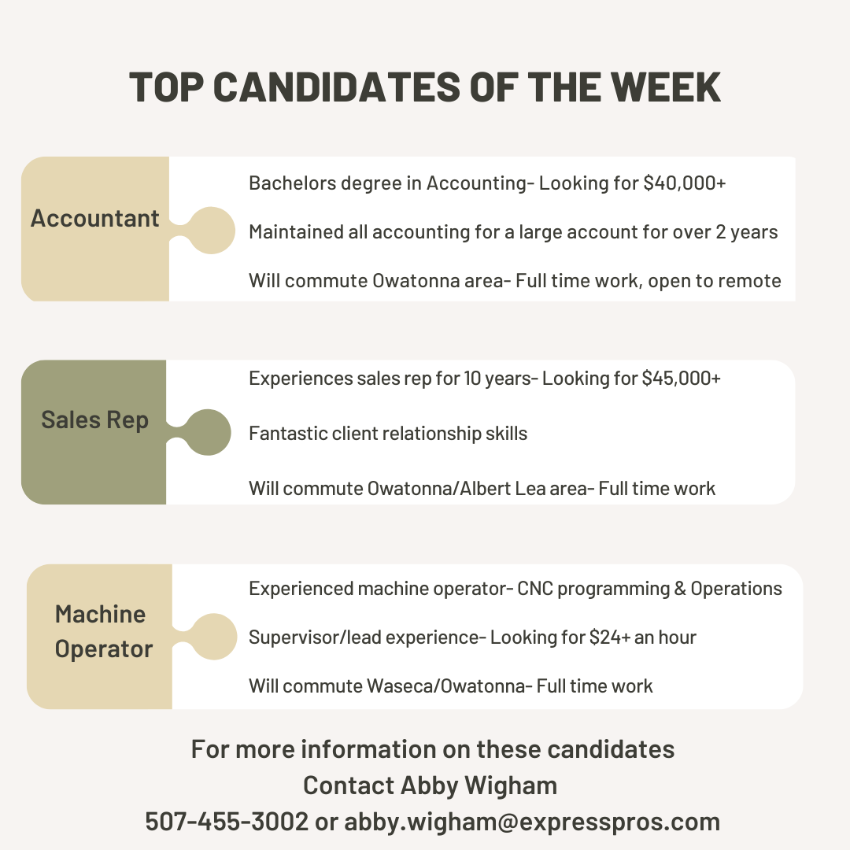 ExpressOwatonn1's tweet photo. Happy Friday! End the week strong with your next great hire from Express. Check out the top candidates we've had in our office this week: #hiring #topcandidates #accounting #sales https://t.co/IaxnJjQLId