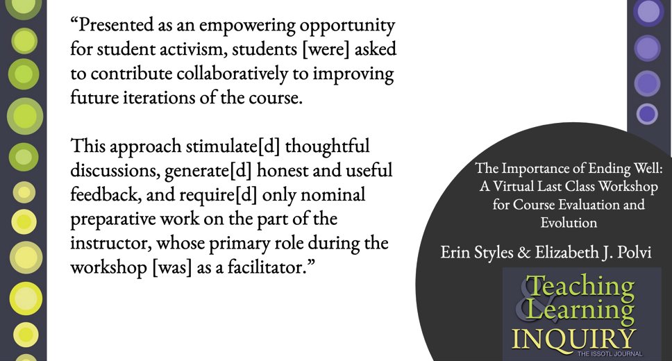 Teach&Learn Inquiry (@tli_issotl) on Twitter photo Thinking about how to end a course? Would like students to contribute to improving future iterations of the course? Read the latest article by @EbStyles
<a href="/elizabethpolvi/">Elizabeth (she/her)</a> journalhosting.ucalgary.ca/index.php/TLI/…
@ISSOTL <a href="/TLI_ISSOTL/">Teach&Learn Inquiry</a> Thinking about how to end a course? Would like students to contribute to improving future iterations of the course? Read the latest article by @EbStyles
<a href="/elizabethpolvi/">Elizabeth (she/her)</a> journalhosting.ucalgary.ca/index.php/TLI/…
@ISSOTL <a href="/TLI_ISSOTL/">Teach&Learn Inquiry</a>