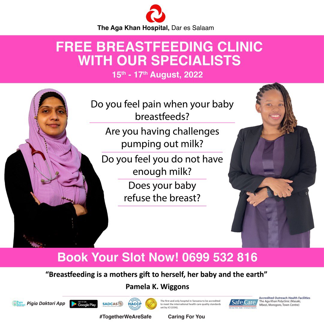 akhstanzania's tweet photo. Are you experiencing any challenges while #breastfeeding your #child? Our experts are offering FREE #breastfeeding #clinics from 15th to 17th August.

#agakhanhospitaldsm #breastfeedingsupport #lactationclinics #lactationproblems #lactationeducation #lactationcounselor #tanzania https://t.co/p1SaATby5I