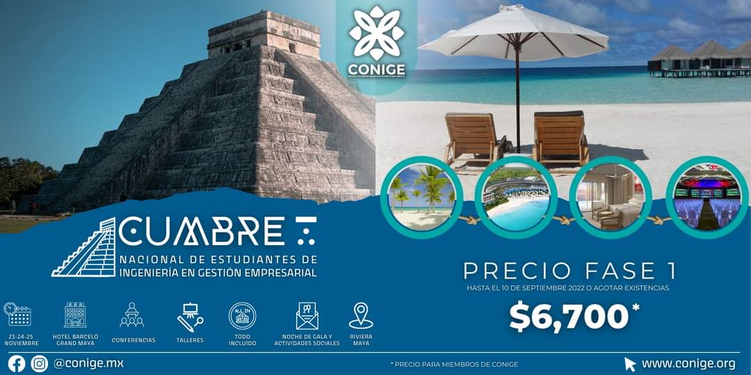 mxconige's tweet image. ⚜️ Cumbre Nacional de Estudiantes de Ingeniería en Gestión Empresarial 2022 ⚜️

¡El evento que congrega a los estudiantes de Ingeniería en Gestión Empresarial de todo México! con sede en el Hotel Barceló Grand Maya (Riviera Maya, Quintana Roo México). 🏨🌊