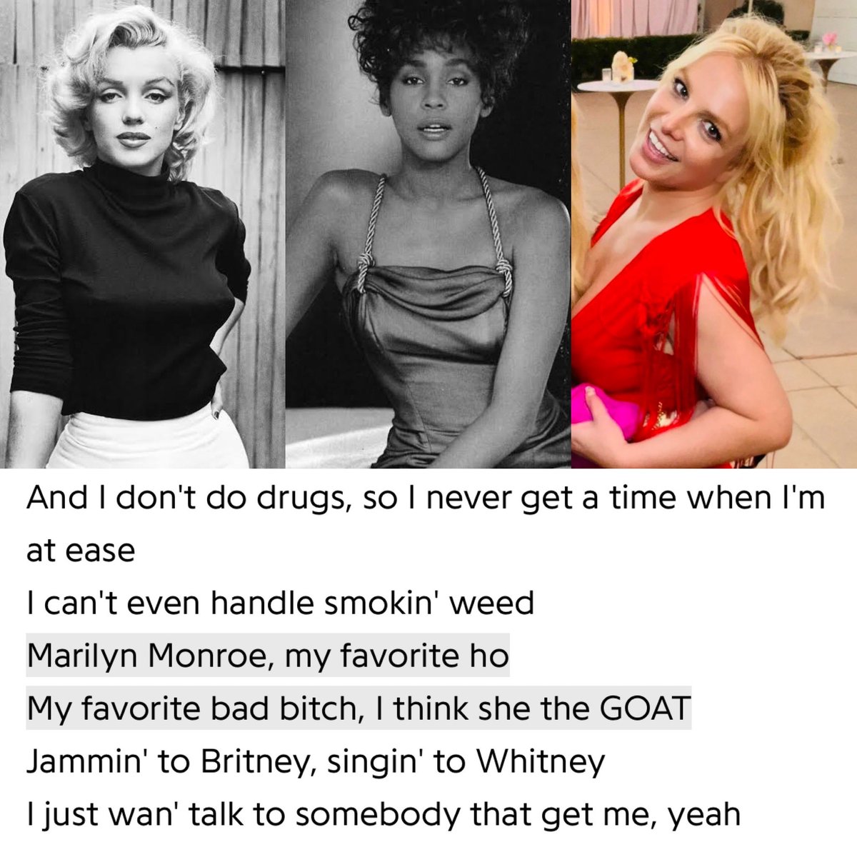 britneycharts's tweet photo. Megan Thee Stallion mentioned Britney Spears, Whitney Houston and Marilyn Monroe on her new song “Anxiety” https://t.co/83YnNfJDjk