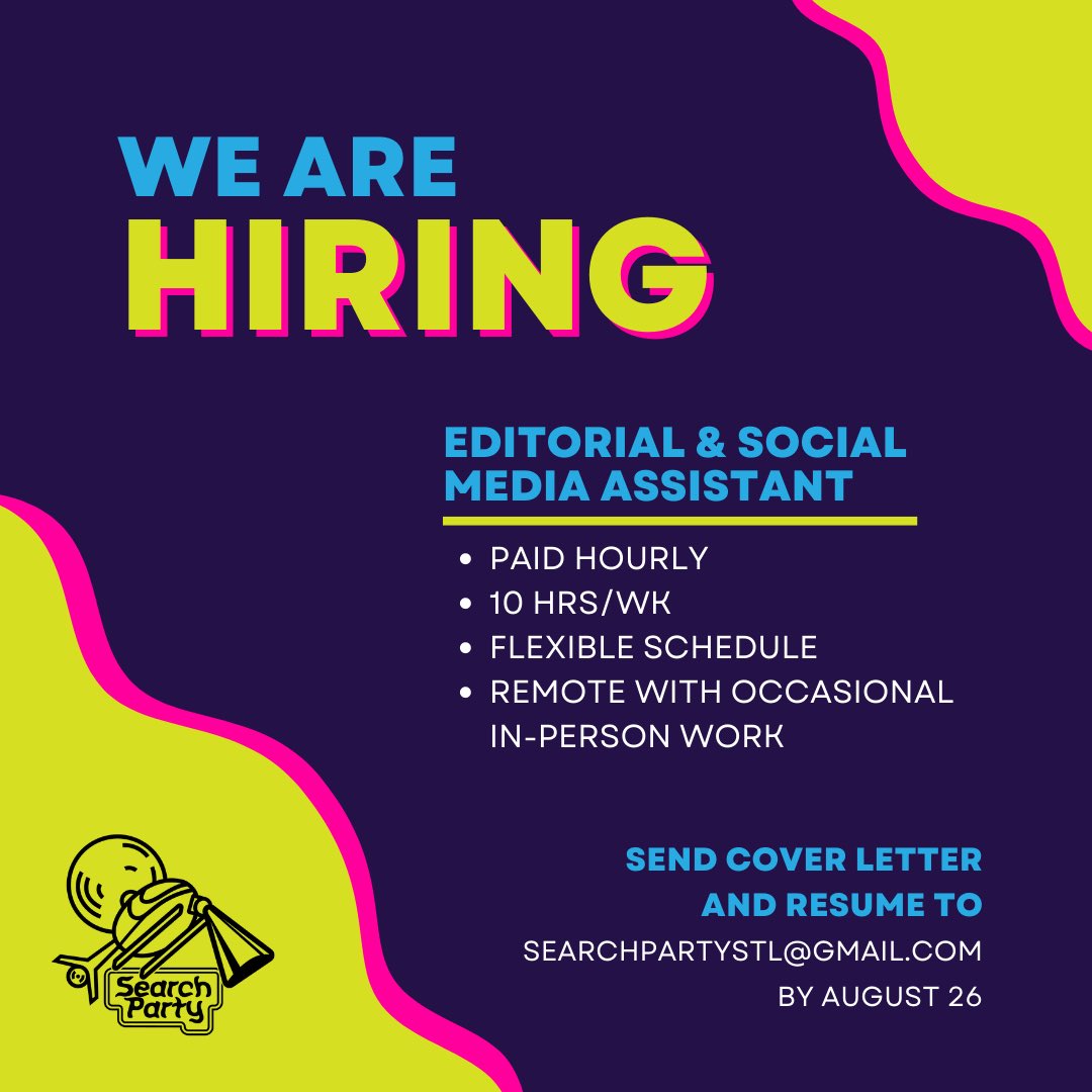 searchpartystl's tweet photo. we are hiring!! we are looking for an assistant in #stl to manage our social media accounts, help edit our print publication, and fulfill administrative needs. 

learn more and apply: https://t.co/YaBD2y009m https://t.co/ZXsmiAc04M