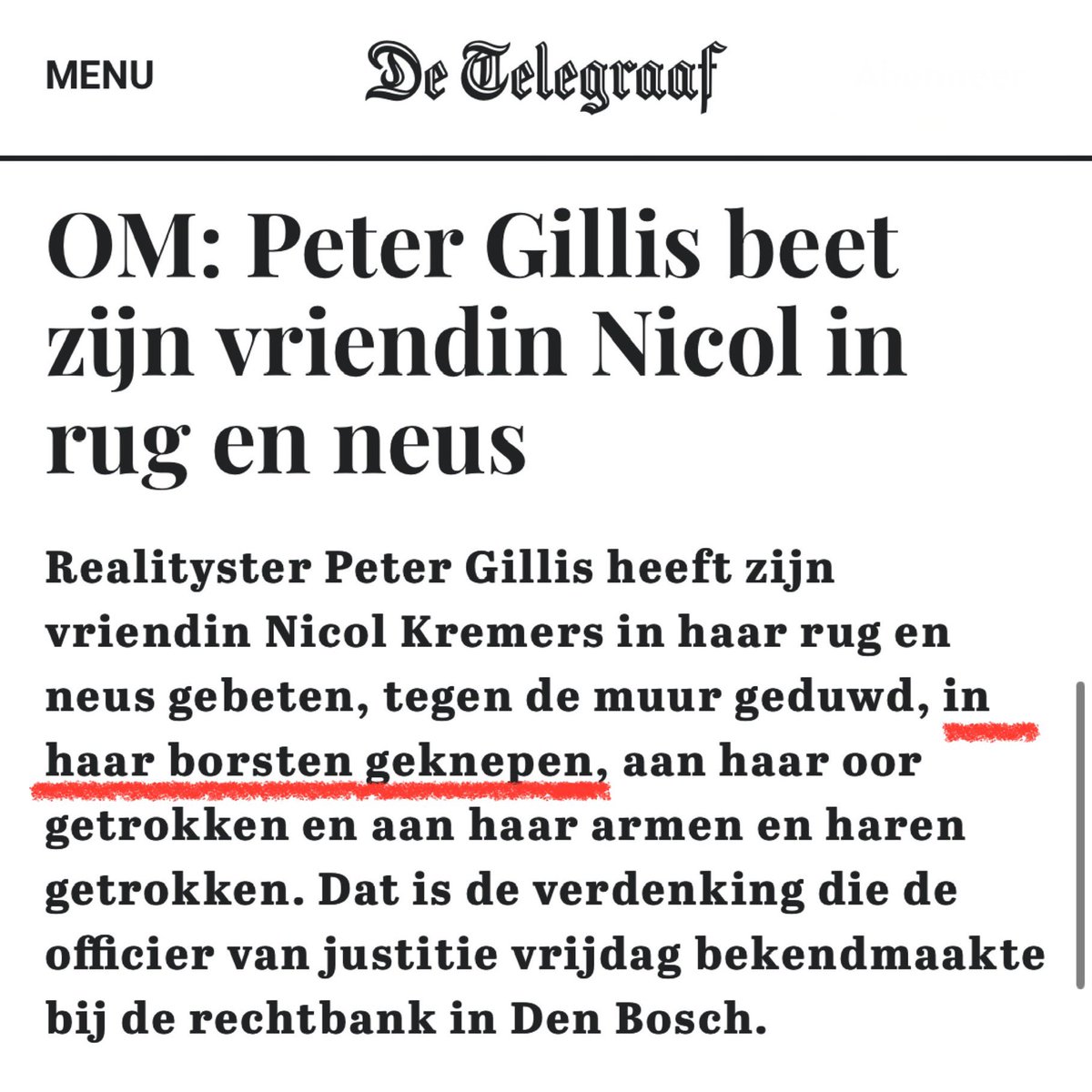 KnijffRobert's tweet photo. OM: Peter Gillis BEET zijn vriendin Nicol in rug en neus… #Man3X
Blijkt maar weer eens; Met geld koop je geen innerlijke beschaving…
Cc: @Telegraaf | @Het_OM
#FoxWild
PS: In haar borsten geknepen… ;-) https://t.co/Vnwrj7dAMV