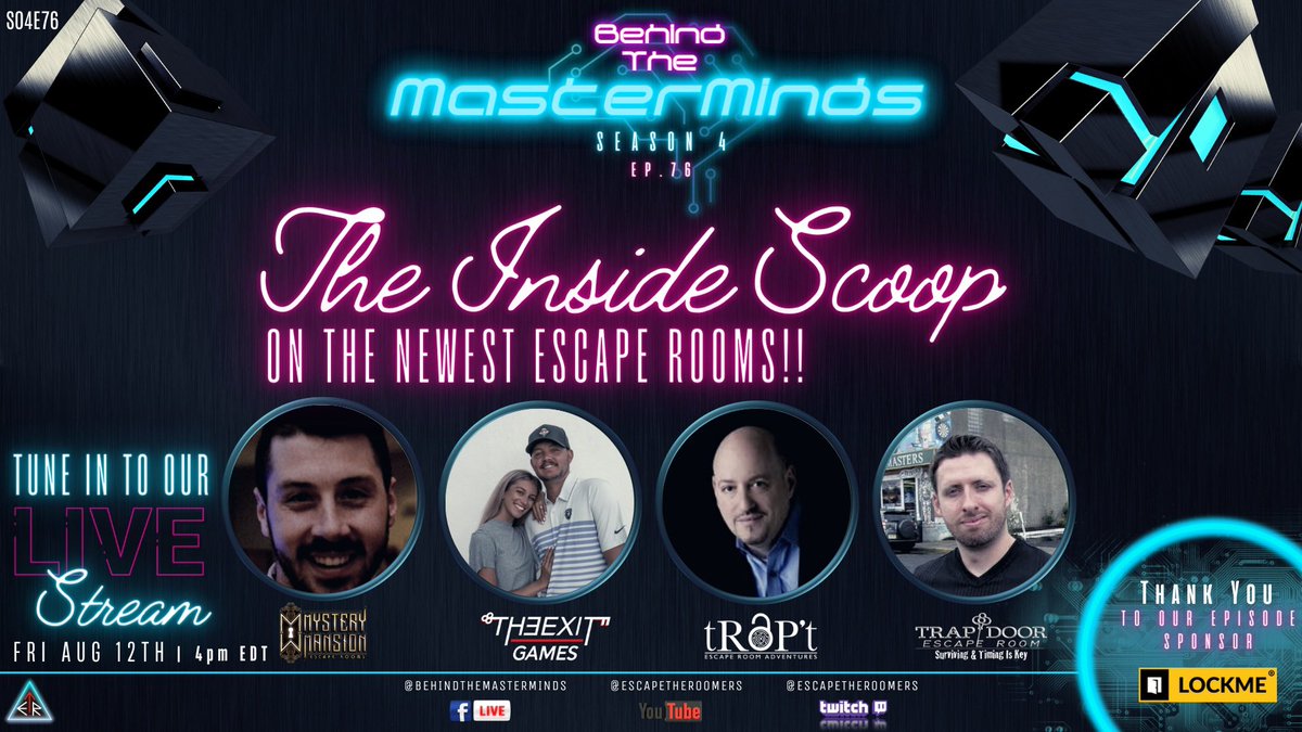 ETROOMers's tweet photo. See you today at 4PM EST on “Behind the Masterminds” as we’ve got the inside scoop on some of the newest escape rooms from our special guests and they've brought prizes for our audience! Tune in to learn: https://t.co/CVcY6dylrm #livestream #behindthemasterminds https://t.co/cnTzxZm8mM