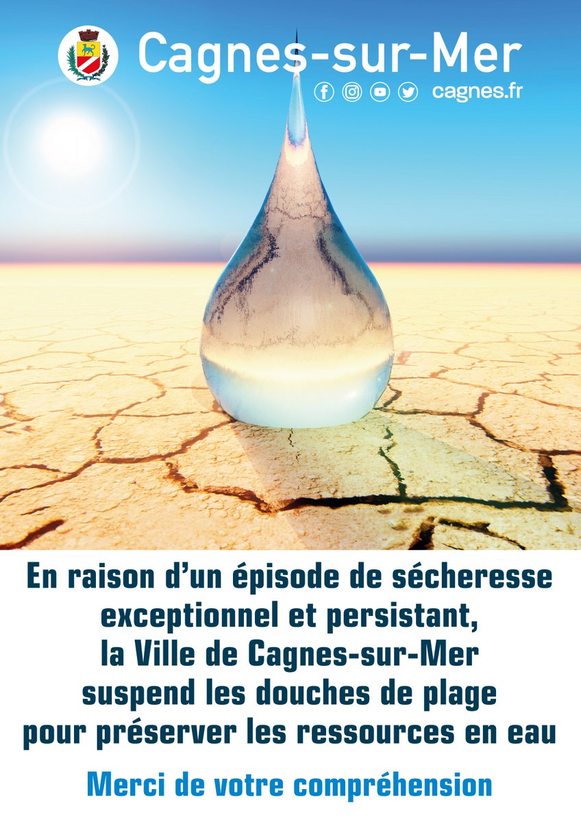 VilledeCagnes's tweet photo. En raison d’un épisode de sécheresse exceptionnel et persistant, la Ville de Cagnes-sur-Mer suspend les douches de plage à compter du samedi 13 août, afin de préserver les ressources en eau. 

Merci de votre compréhension

#secheresse #infoville #douche #eau #water #cagnessurmer https://t.co/fWt9qw2Jvu