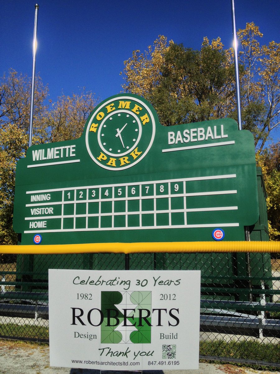 robertsaia's tweet photo. Watching the Cubs vs Reds playing in Iowa’s Field of Dreams tonight.  
Reminds me of the only baseball scoreboard I ever designed and built. 
At Wilmette’s own field of dreams - Roemer little league Park in 2012 #fieldofdreams #cubs #wilmettebaseball #roemerpark https://t.co/VsCxAdCN4z