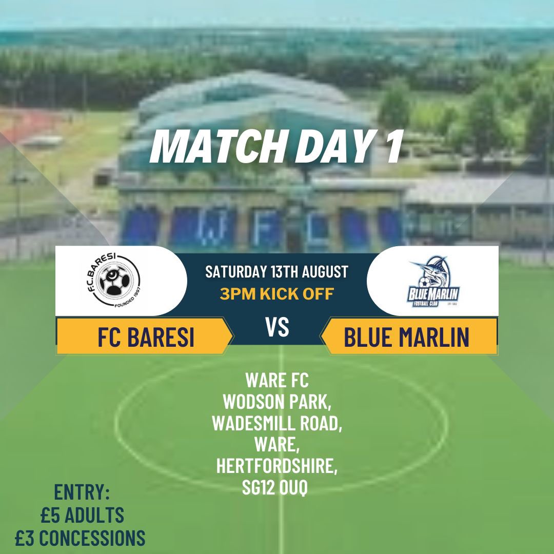 Tomorrow we open our league campaign at our new home Wodson Park (@Ware_FC) against @BlueMarlinFC. The boys will be looking to start the season with 3 points after a strong showing in pre season. Details about the game are on the poster below: @EssexAllianceFL #baresiultras