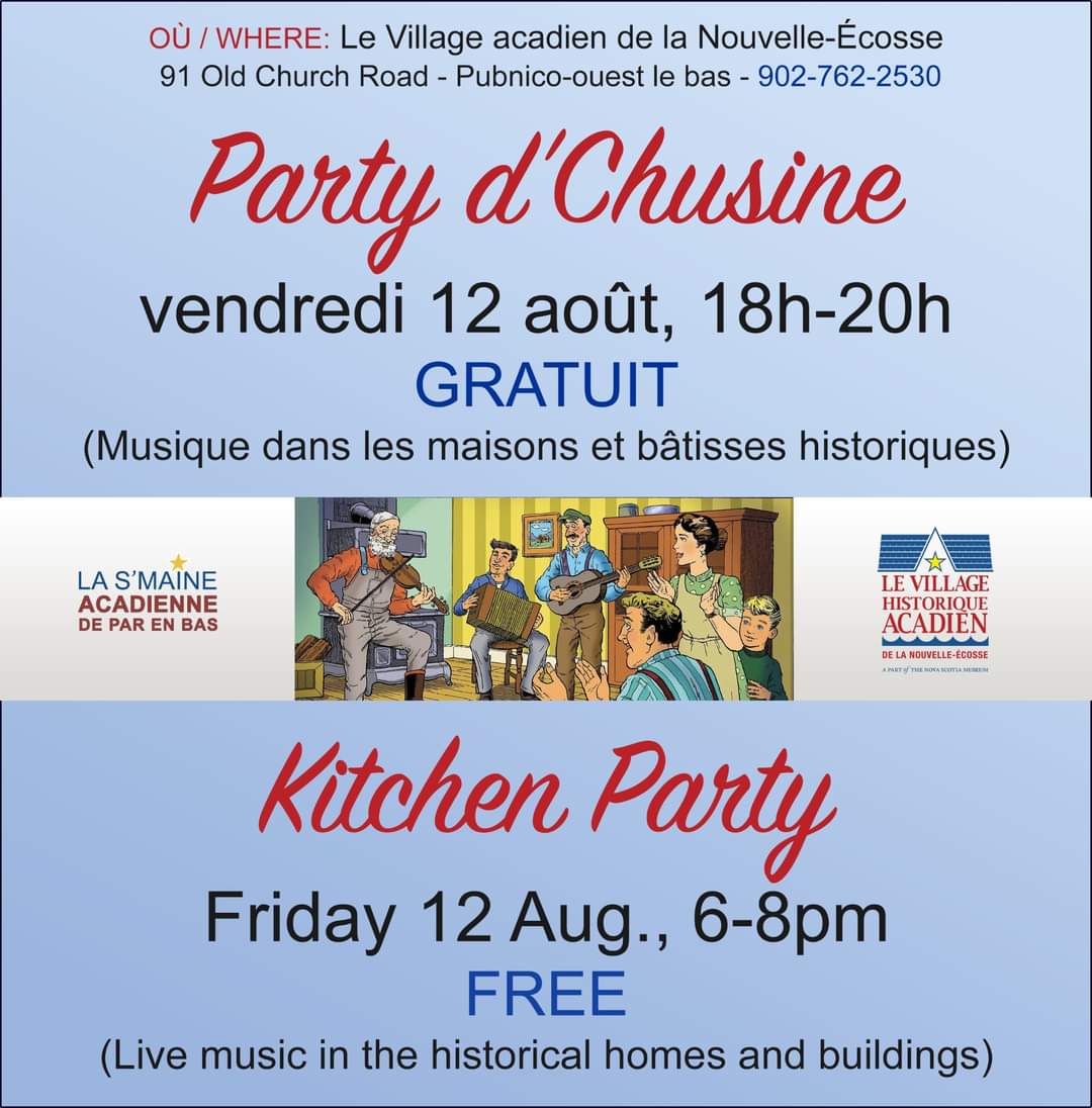 Party d’Chusine
vendredi 12 août, 18h-20h
GRATUIT
(Musique dans les maisons et bâtisses historiques)
🟦⭐️🟦⬜️⬜️⬜️🟥🟥🟥
Kitchen Party
Friday 12 Aug., 6-8pm
FREE
(Live music in the historical homes and buildings)